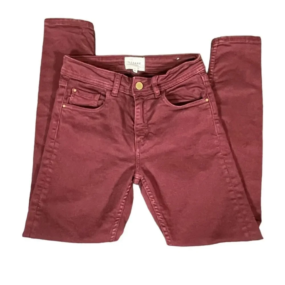 Sezane Burgundy Denim Skinny Ankle Jeans Mid Rise Size 26